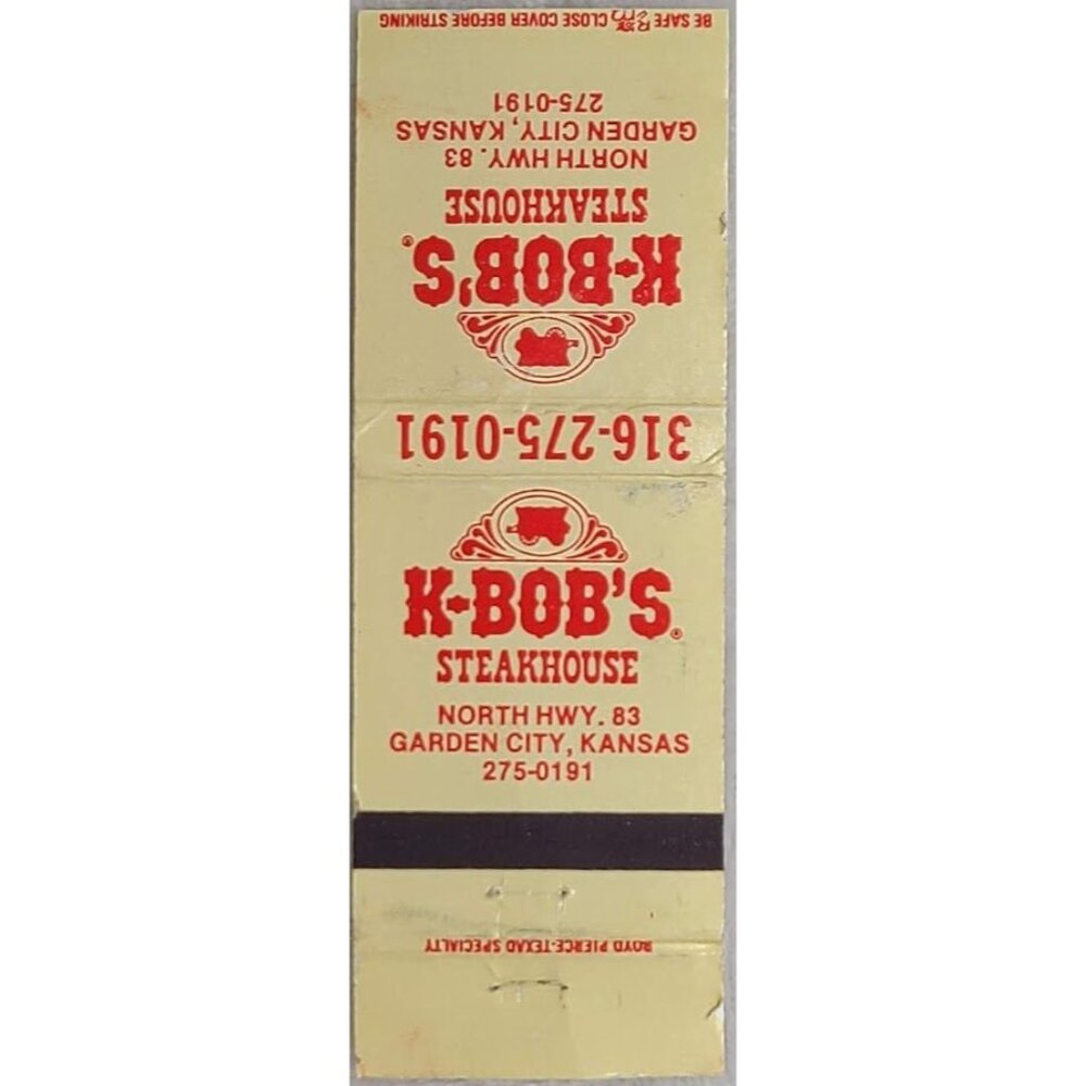 Vintage Matchbook Cover K-Bob's Steakhouse Garden City KS Kansas Hwy 83
